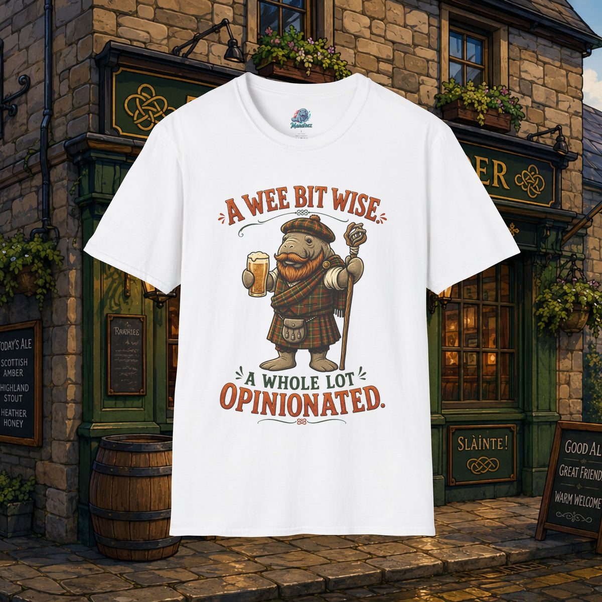A Wee Bit Wise A Whole Lot Opinionated Shirt | Funny Scottish Manatee Tee | Highland Humor Graphic T-Shirt