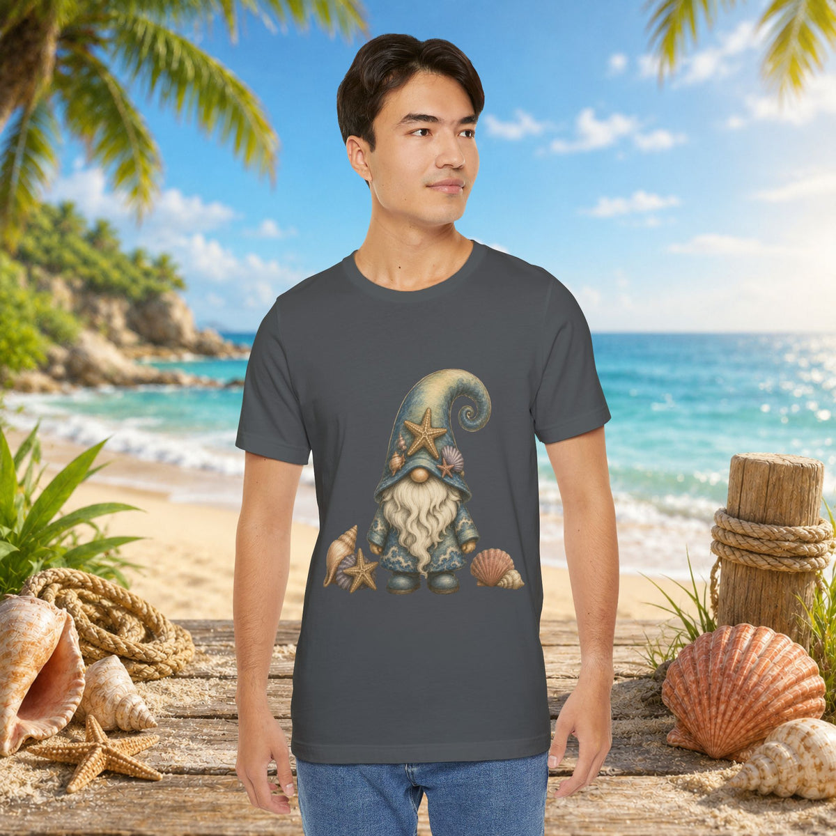 Beach Gnome with Seashells and Starfish | Coastal Nautical Fantasy Art