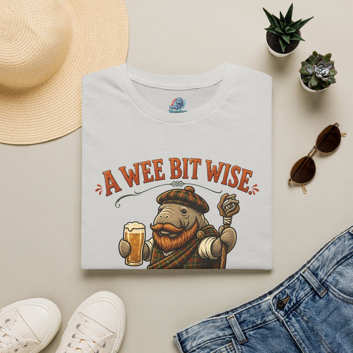A Wee Bit Wise A Whole Lot Opinionated Shirt | Funny Scottish Manatee Tee | Highland Humor Graphic T-Shirt