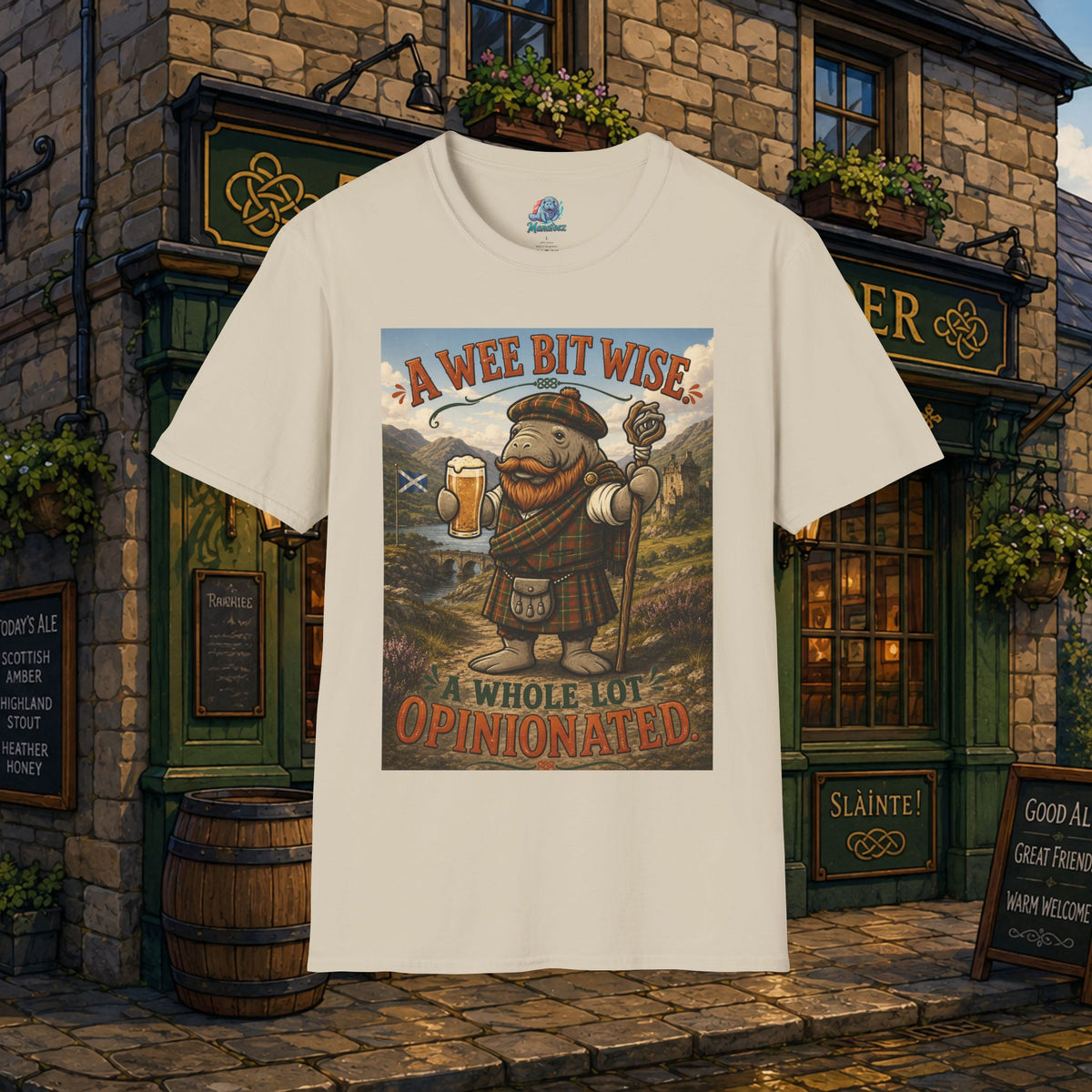 A Wee Bit Wise A Whole Lot Opinionated Shirt | Funny Scottish Manatee Tee | Highland Humor Graphic T-Shirt