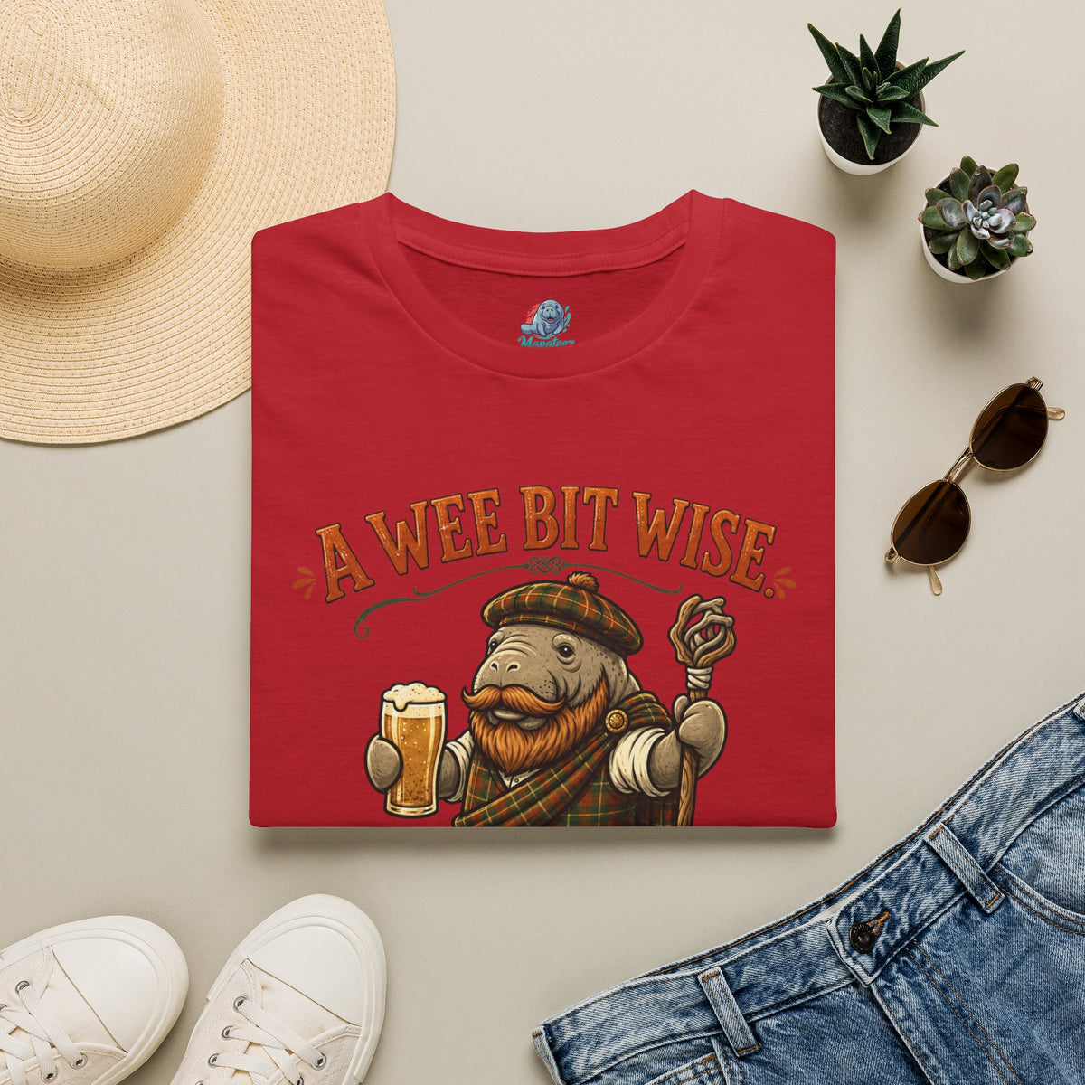 A Wee Bit Wise A Whole Lot Opinionated Shirt | Funny Scottish Manatee Tee | Highland Humor Graphic T-Shirt