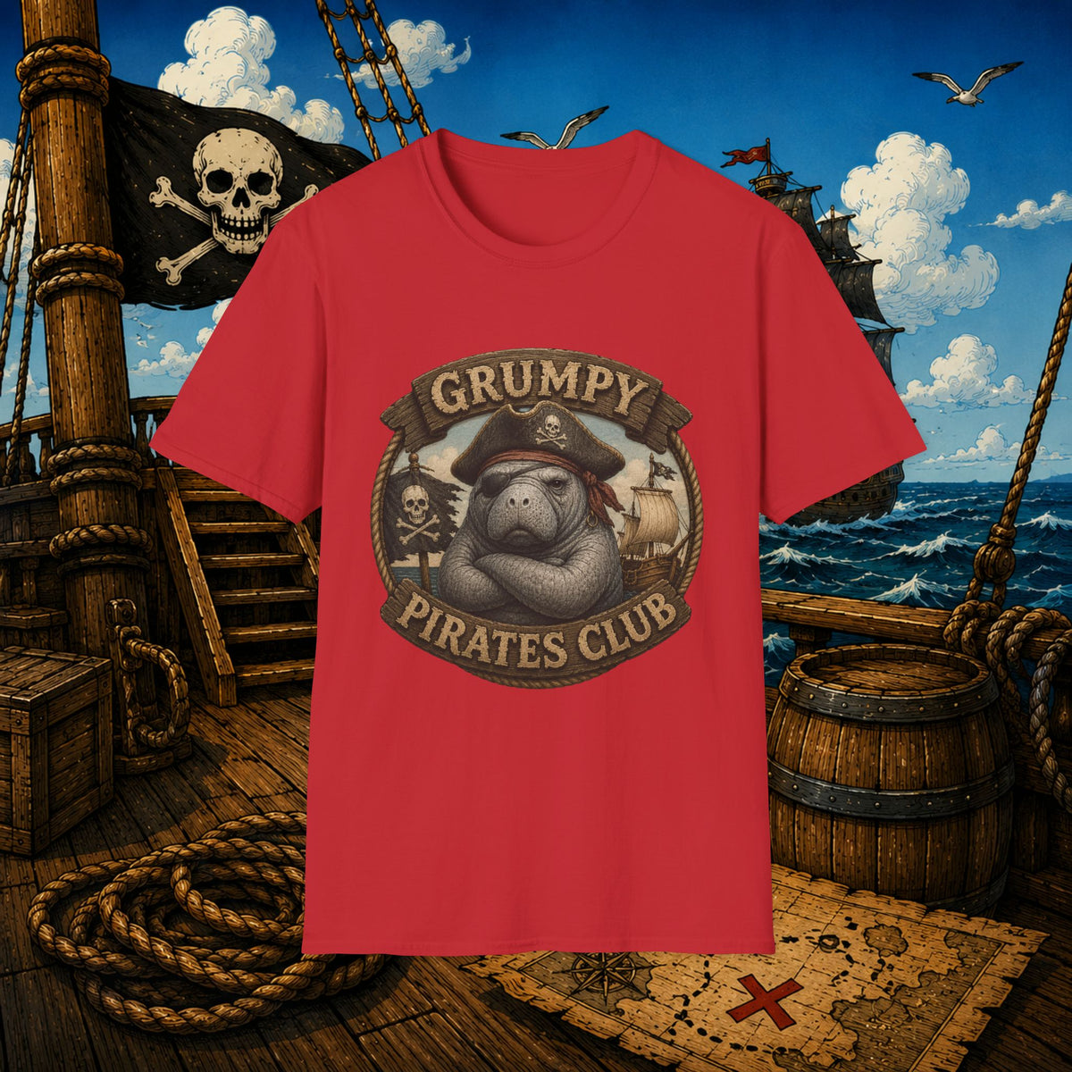 Grumpy Pirates Club Manatee T-Shirt | Funny Pirate Manatee Coastal Humor Tee
