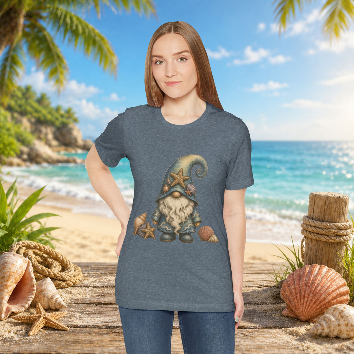 Beach Gnome with Seashells and Starfish | Coastal Nautical Fantasy Art