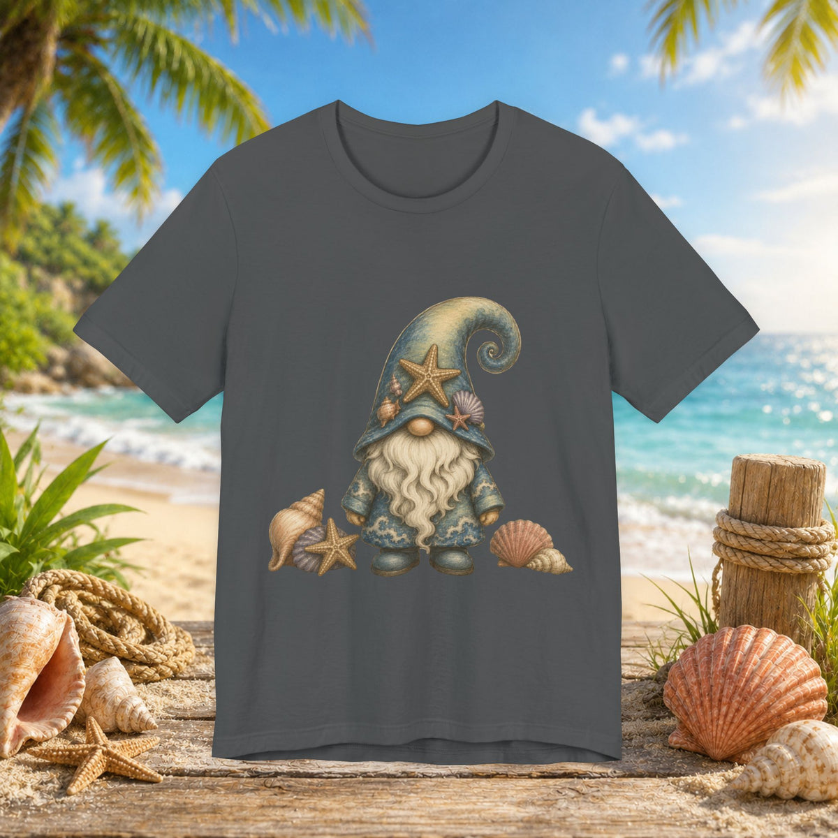 Beach Gnome with Seashells and Starfish | Coastal Nautical Fantasy Art