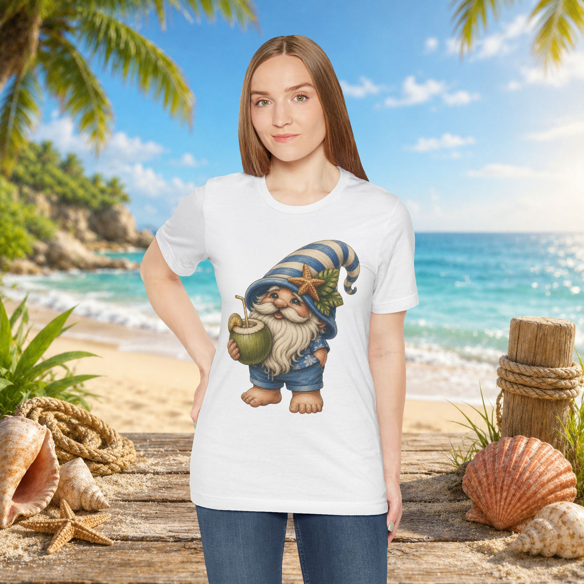 Beach Gnome Drinking Coconut | Coastal Summer Gnome Illustration