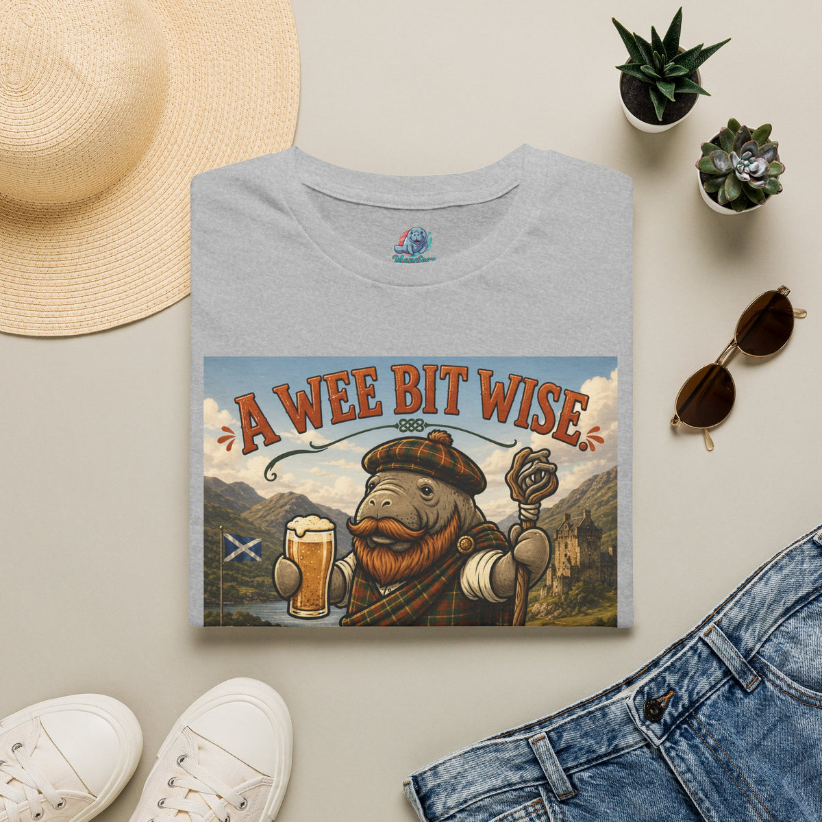 A Wee Bit Wise A Whole Lot Opinionated Shirt | Funny Scottish Manatee Tee | Highland Humor Graphic T-Shirt