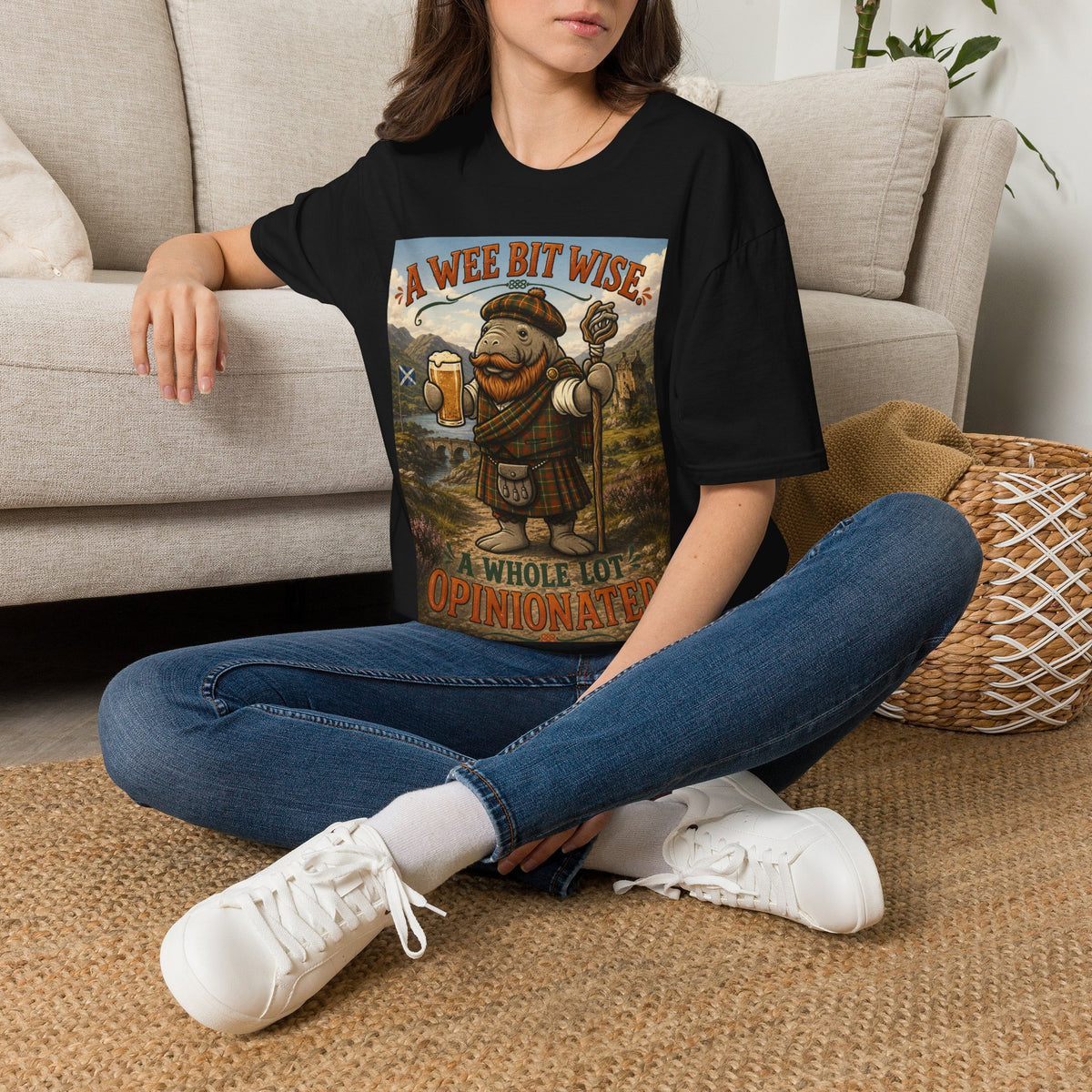 A Wee Bit Wise A Whole Lot Opinionated Shirt | Funny Scottish Manatee Tee | Highland Humor Graphic T-Shirt