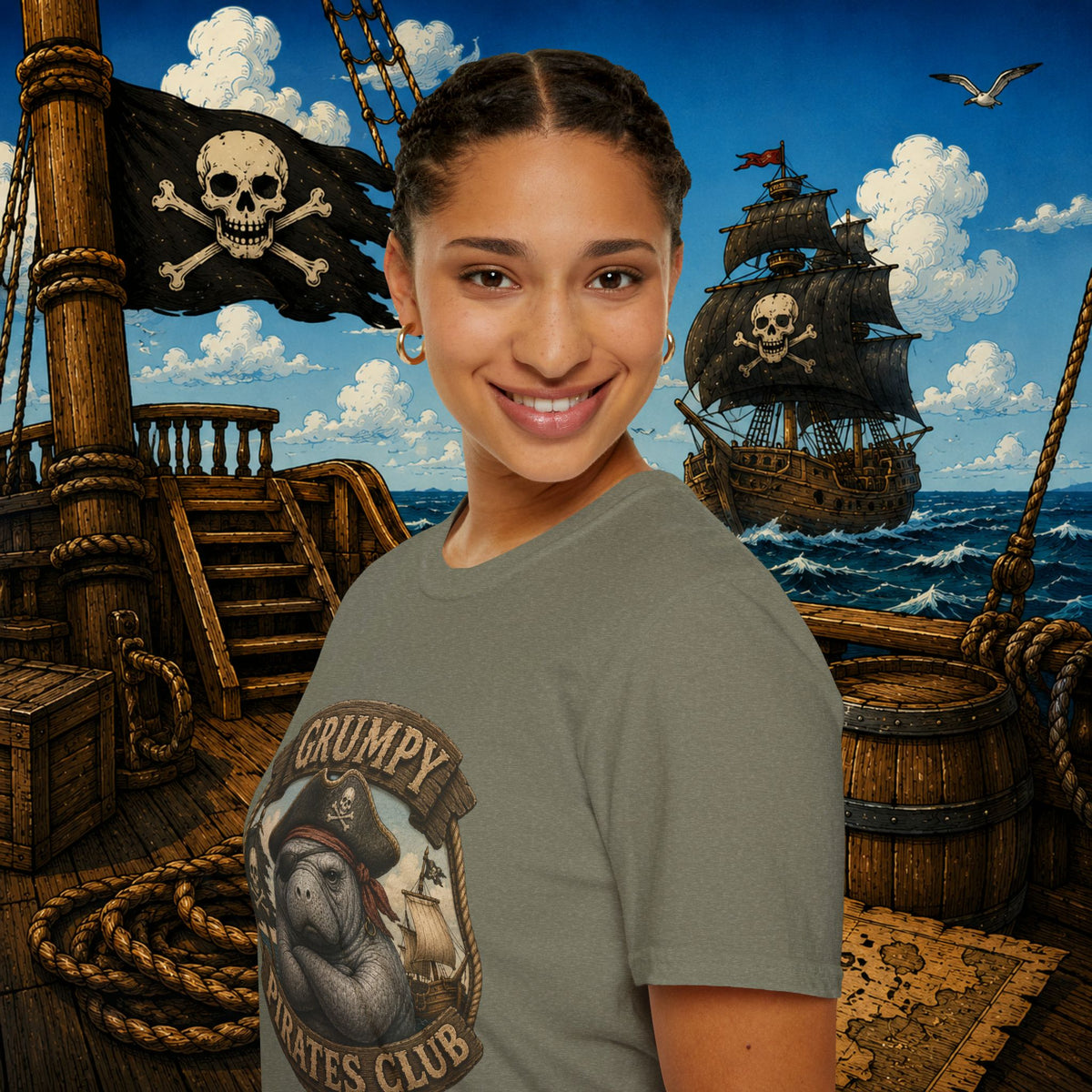 Grumpy Pirates Club Manatee T-Shirt | Funny Pirate Manatee Coastal Humor Tee
