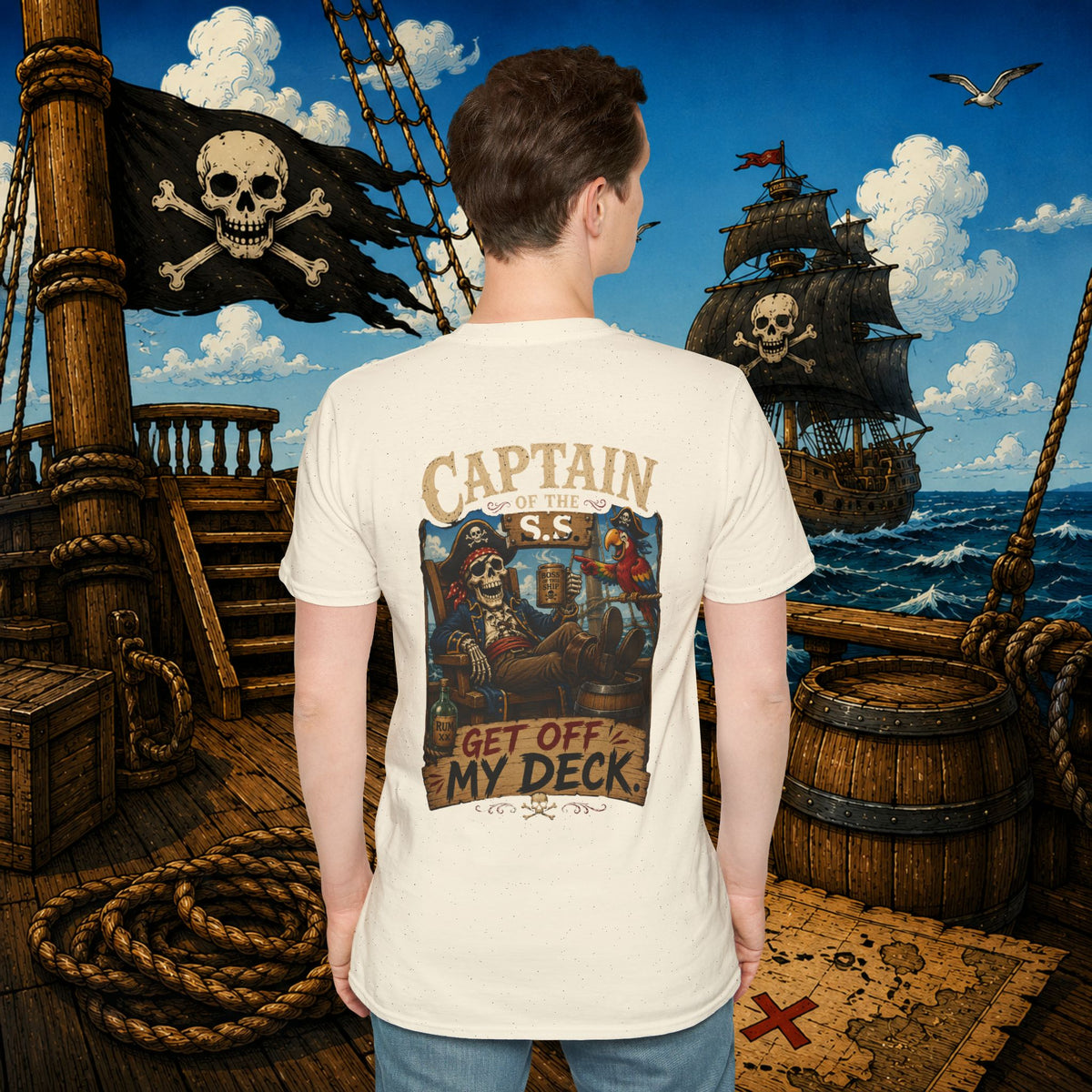 Captain of the S.S. Get Off My Deck Pirate Skeleton Shirt – Funny Grumpy Pirate Graphic Tee