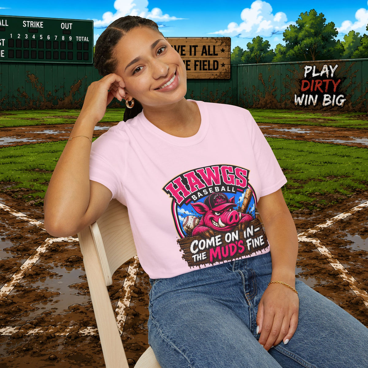 Rock Lakes Mud Hawgs Baseball Shirt | Come On In The Mud's Fine | Funny Pig Baseball Team Tee