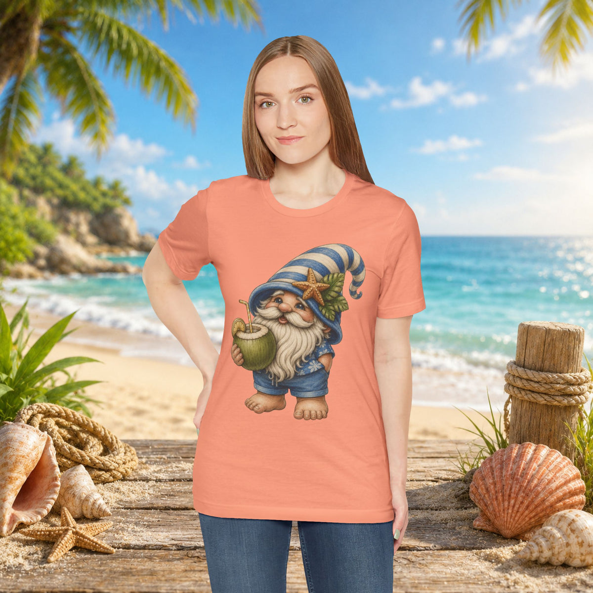 Beach Gnome Drinking Coconut | Coastal Summer Gnome Illustration