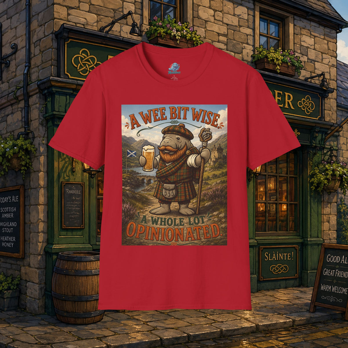 A Wee Bit Wise A Whole Lot Opinionated Shirt | Funny Scottish Manatee Tee | Highland Humor Graphic T-Shirt