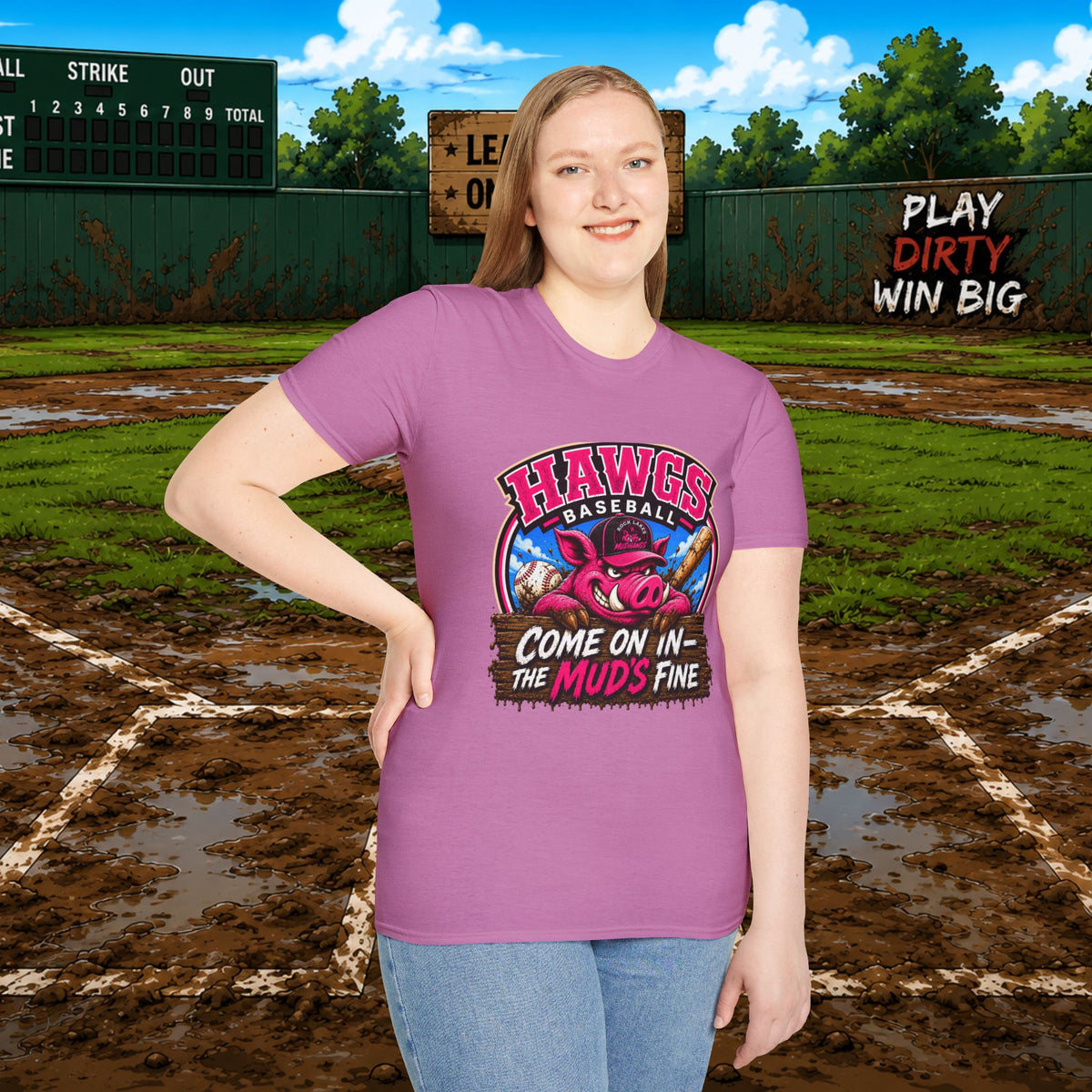 Rock Lakes Mud Hawgs Baseball Shirt | Come On In The Mud's Fine | Funny Pig Baseball Team Tee