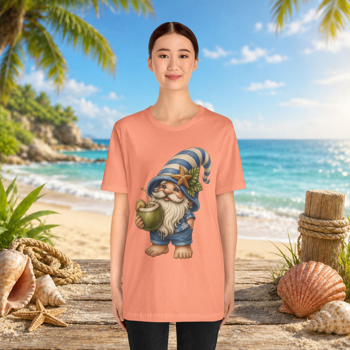 Beach Gnome Drinking Coconut | Coastal Summer Gnome Illustration