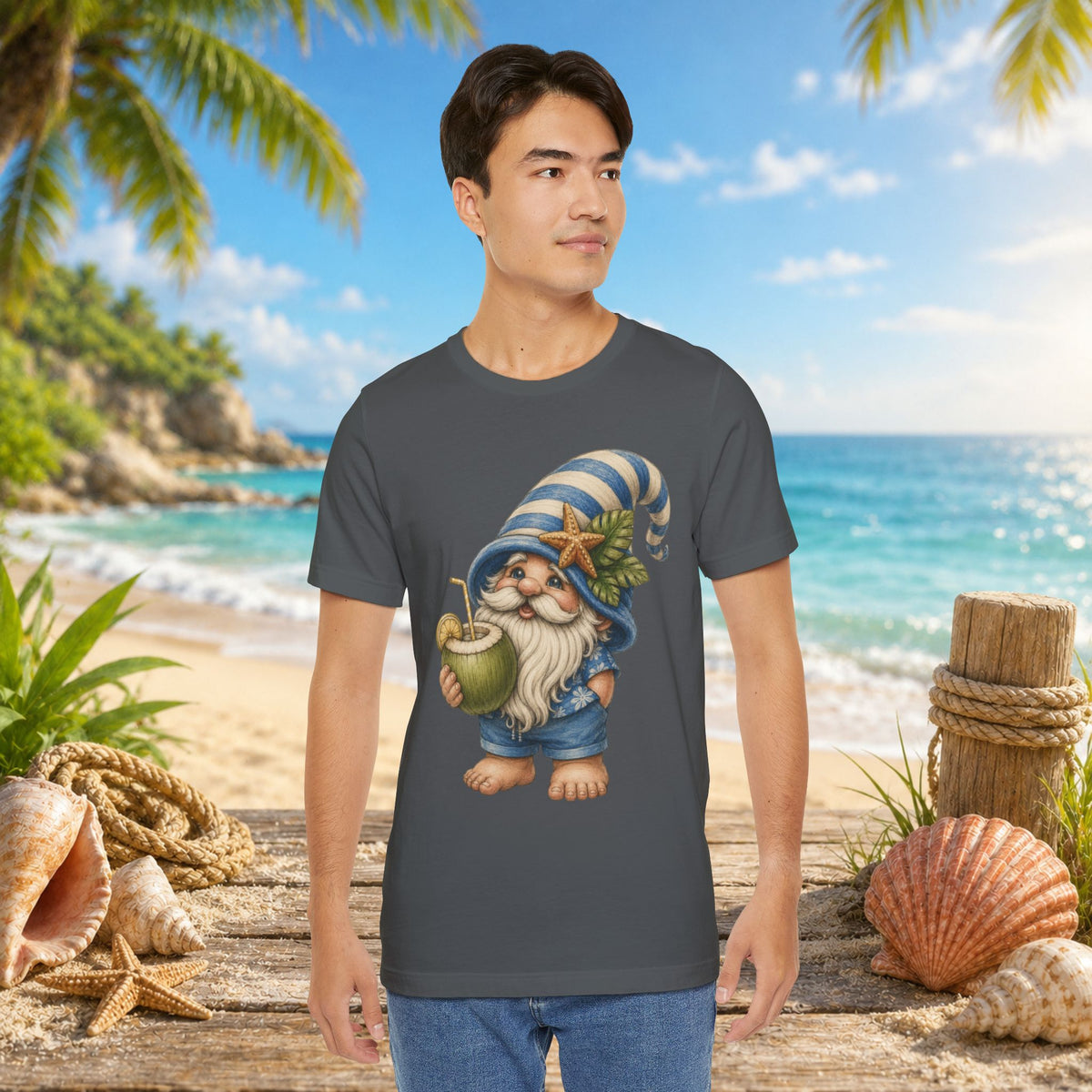 Beach Gnome Drinking Coconut | Coastal Summer Gnome Illustration