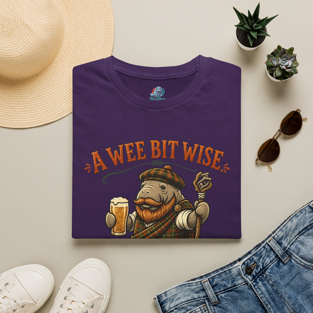 A Wee Bit Wise A Whole Lot Opinionated Shirt | Funny Scottish Manatee Tee | Highland Humor Graphic T-Shirt