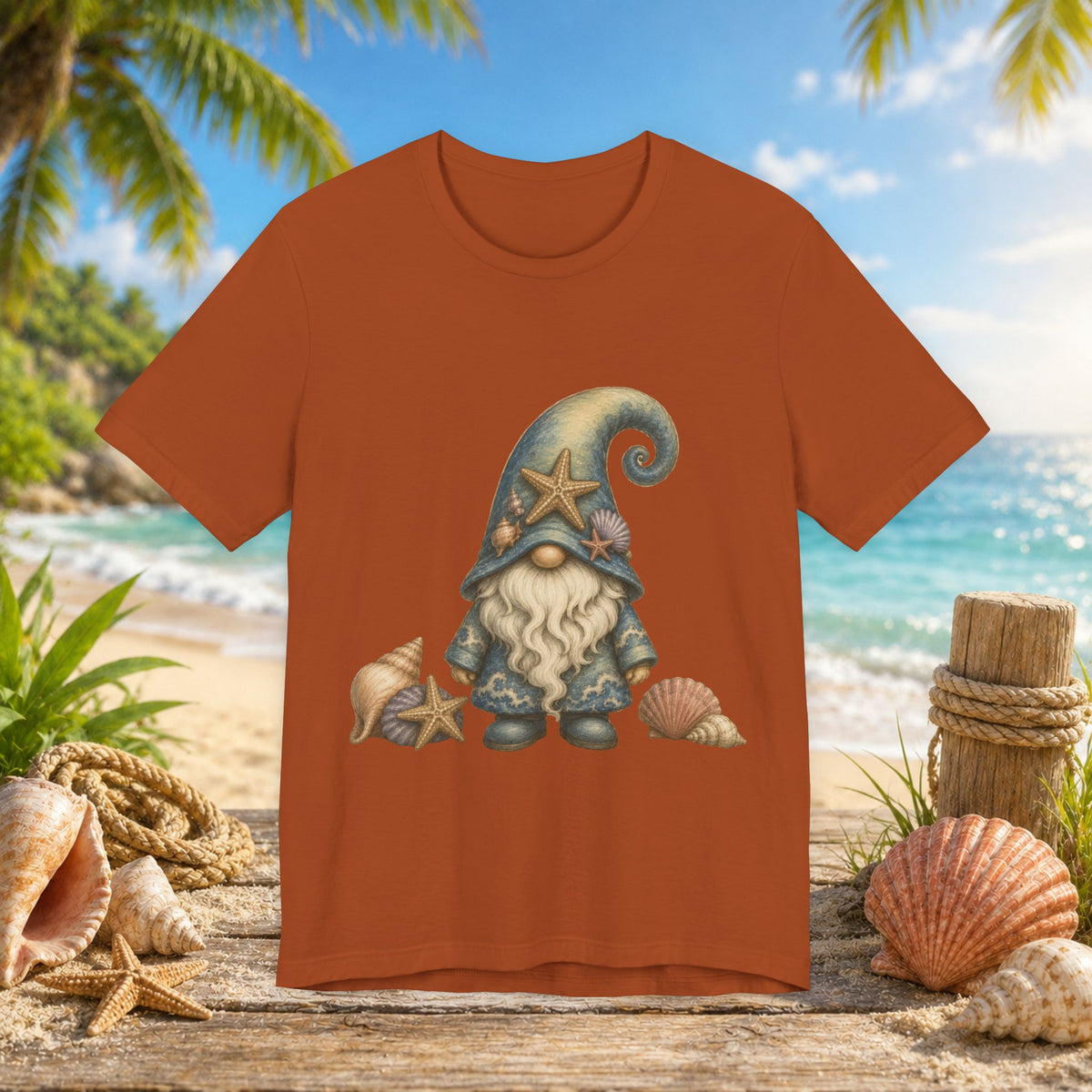 Beach Gnome with Seashells and Starfish | Coastal Nautical Fantasy Art