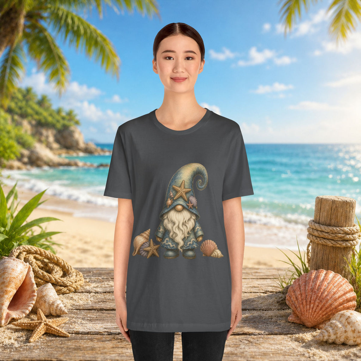 Beach Gnome with Seashells and Starfish | Coastal Nautical Fantasy Art
