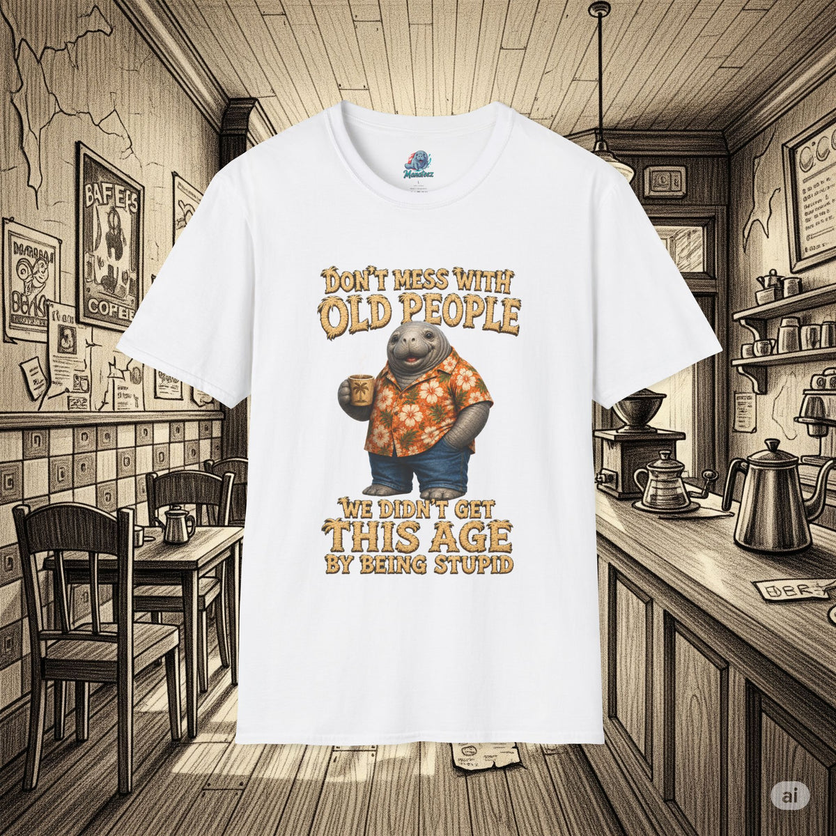 Don't Mess With Old People Shirt | Funny Manatee Humor Tee | We Didn't Get This Age By Being Stupid no background