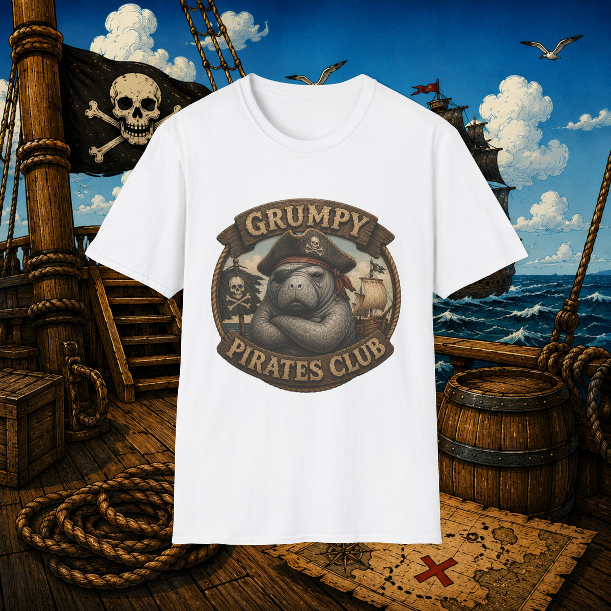 Grumpy Pirates Club Manatee T-Shirt | Funny Pirate Manatee Coastal Humor Tee