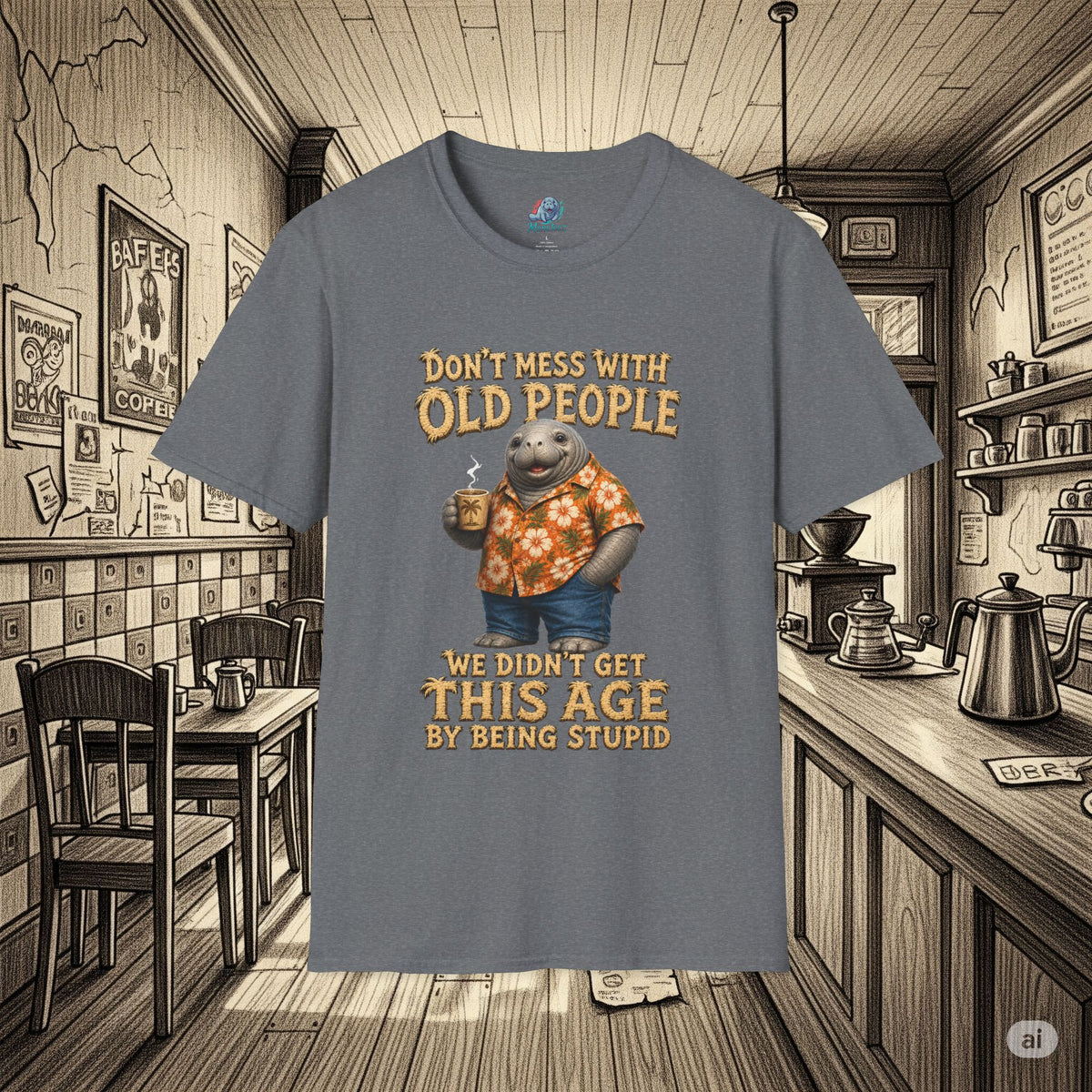 Don't Mess With Old People Shirt | Funny Manatee Humor Tee | We Didn't Get This Age By Being Stupid no background