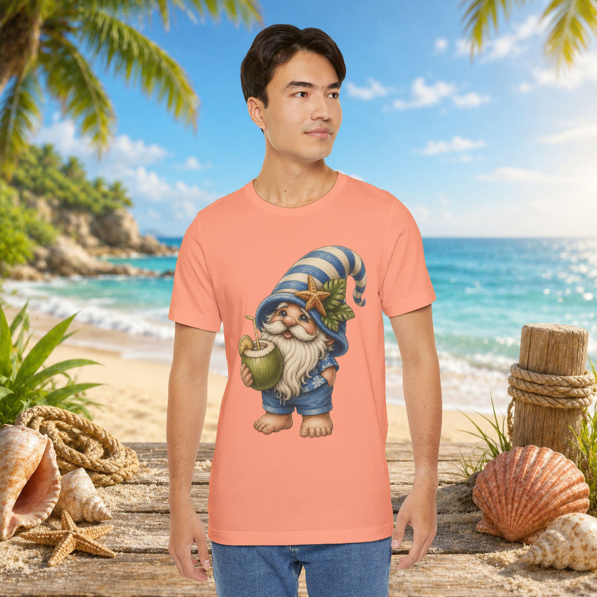 Beach Gnome Drinking Coconut | Coastal Summer Gnome Illustration