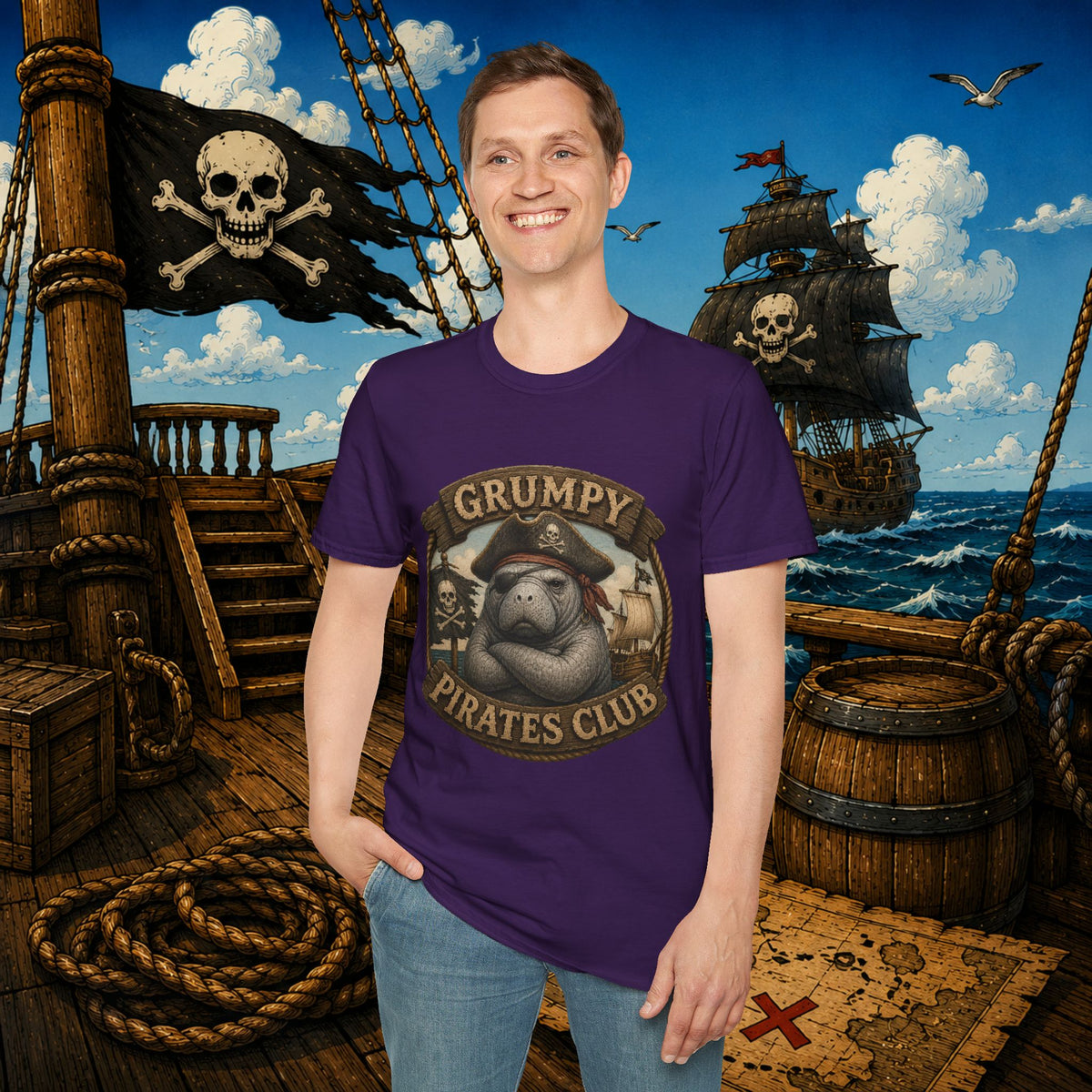 Grumpy Pirates Club Manatee T-Shirt | Funny Pirate Manatee Coastal Humor Tee