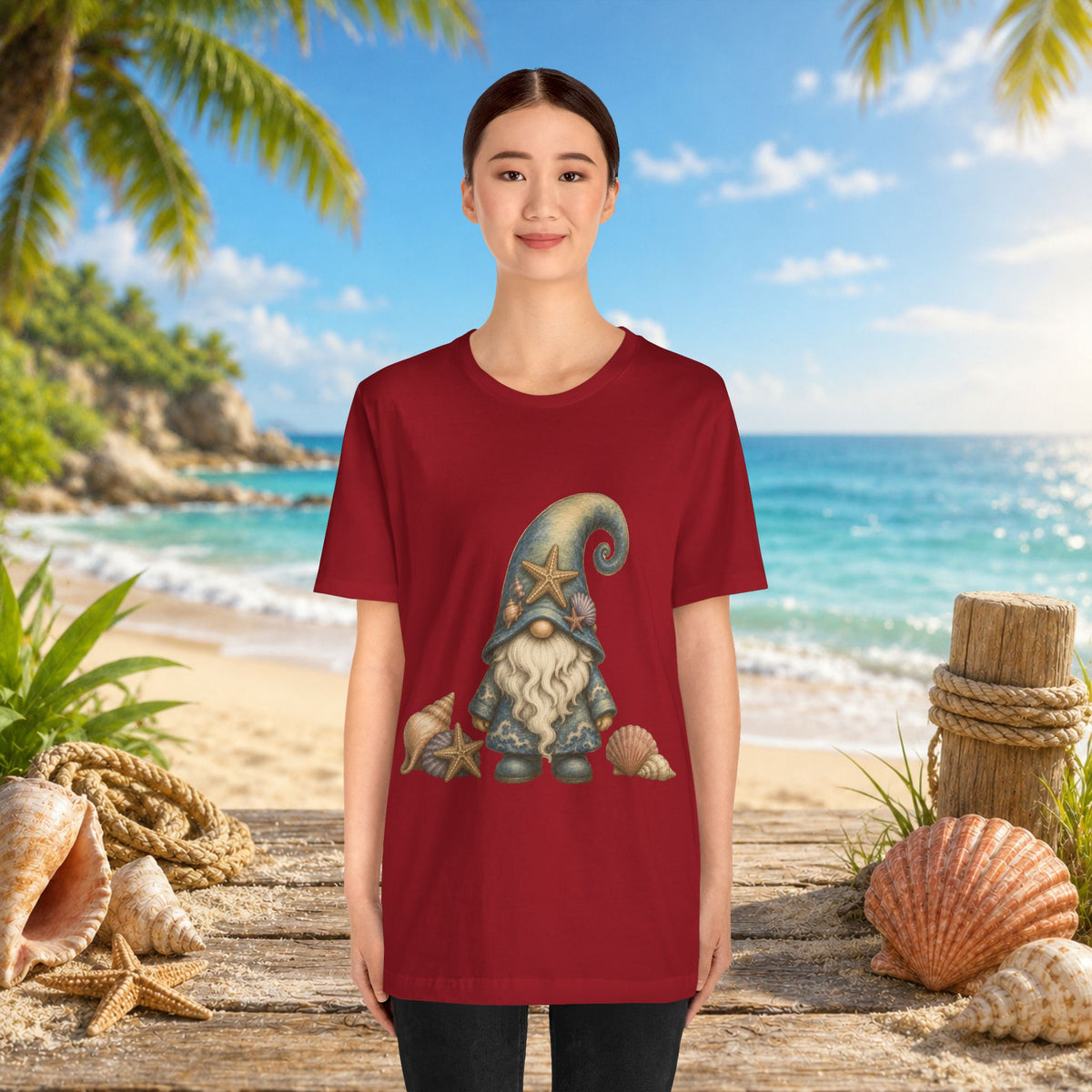 Beach Gnome with Seashells and Starfish | Coastal Nautical Fantasy Art