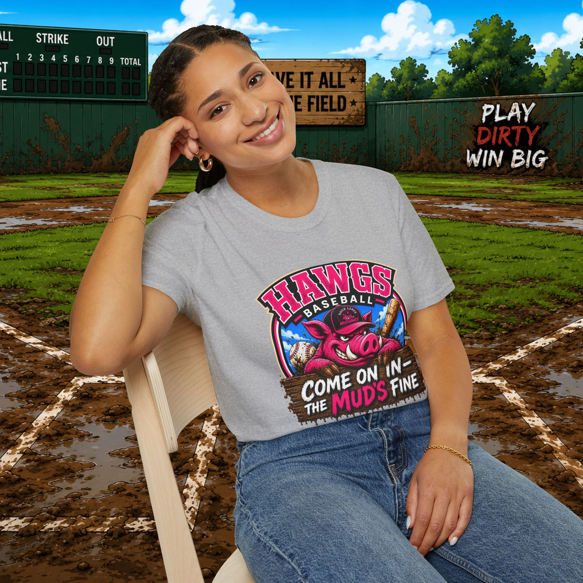 Rock Lakes Mud Hawgs Baseball Shirt | Come On In The Mud's Fine | Funny Pig Baseball Team Tee