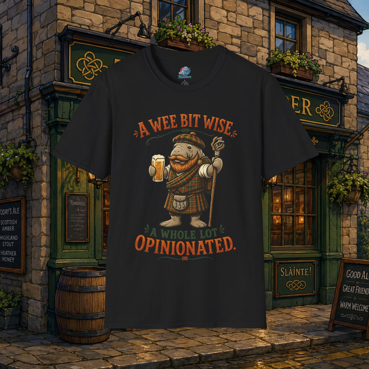 A Wee Bit Wise A Whole Lot Opinionated Shirt | Funny Scottish Manatee Tee | Highland Humor Graphic T-Shirt