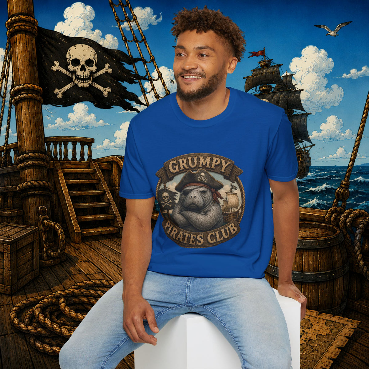 Grumpy Pirates Club Manatee T-Shirt | Funny Pirate Manatee Coastal Humor Tee