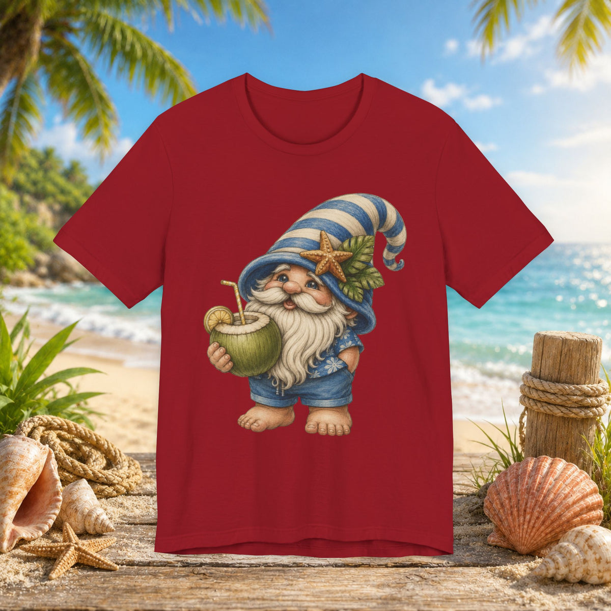 Beach Gnome Drinking Coconut | Coastal Summer Gnome Illustration