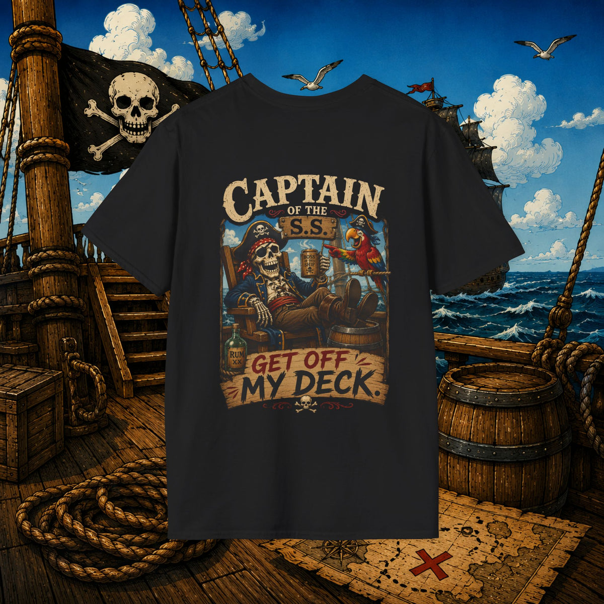 Captain of the S.S. Get Off My Deck Pirate Skeleton Shirt – Funny Grumpy Pirate Graphic Tee
