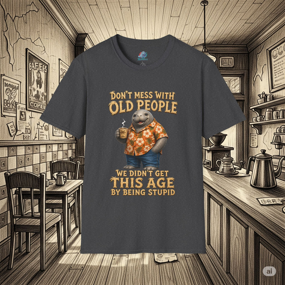 Don't Mess With Old People Shirt | Funny Manatee Humor Tee | We Didn't Get This Age By Being Stupid no background