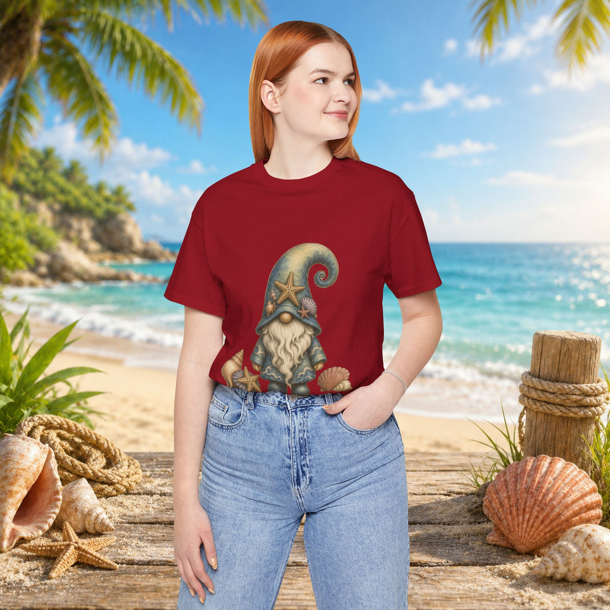 Beach Gnome with Seashells and Starfish | Coastal Nautical Fantasy Art
