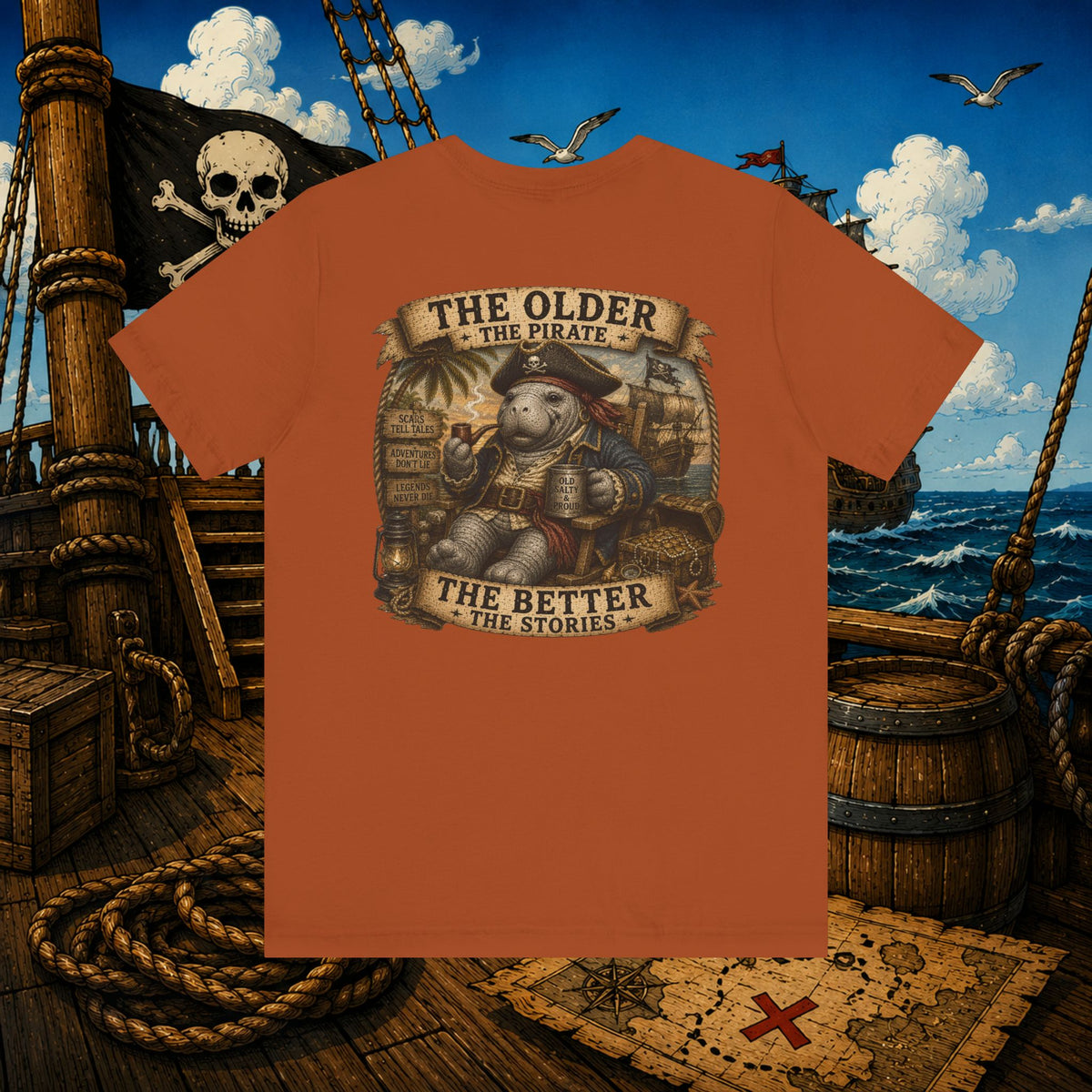 The Older the Pirate, The Better the Stories | Grumpy Pirate Club Manatee T-Shirt