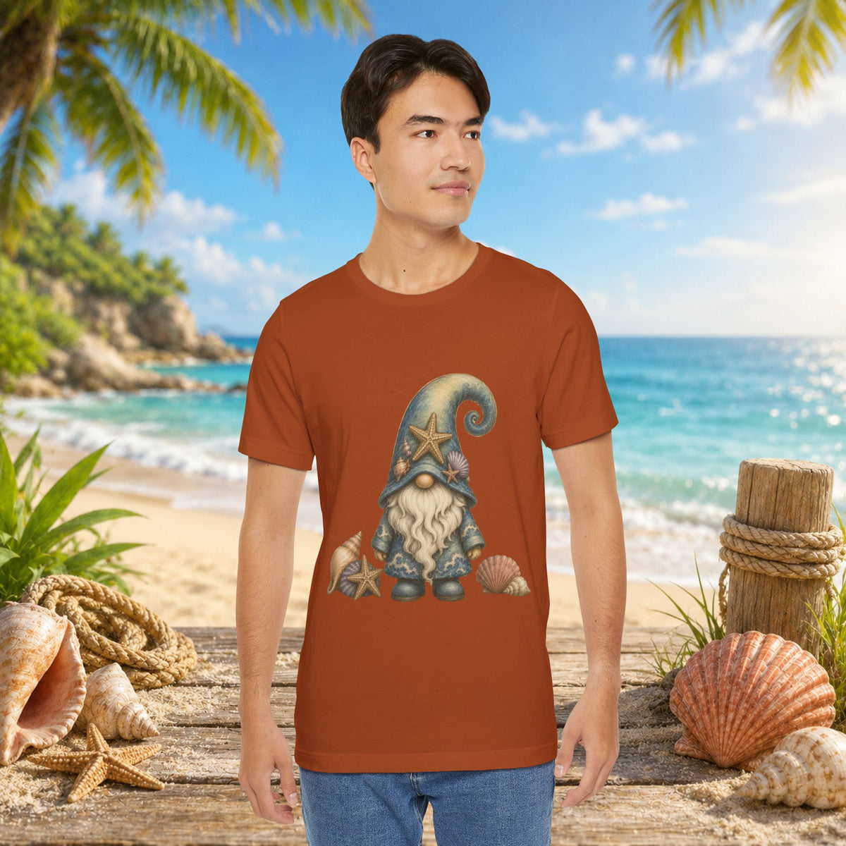 Beach Gnome with Seashells and Starfish | Coastal Nautical Fantasy Art