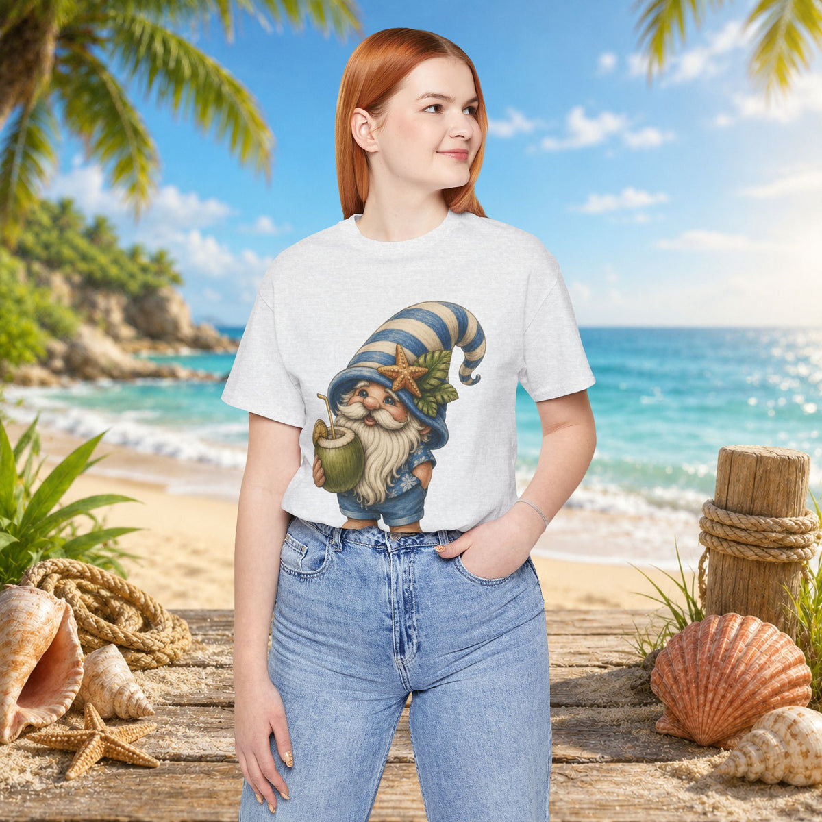 Beach Gnome Drinking Coconut | Coastal Summer Gnome Illustration