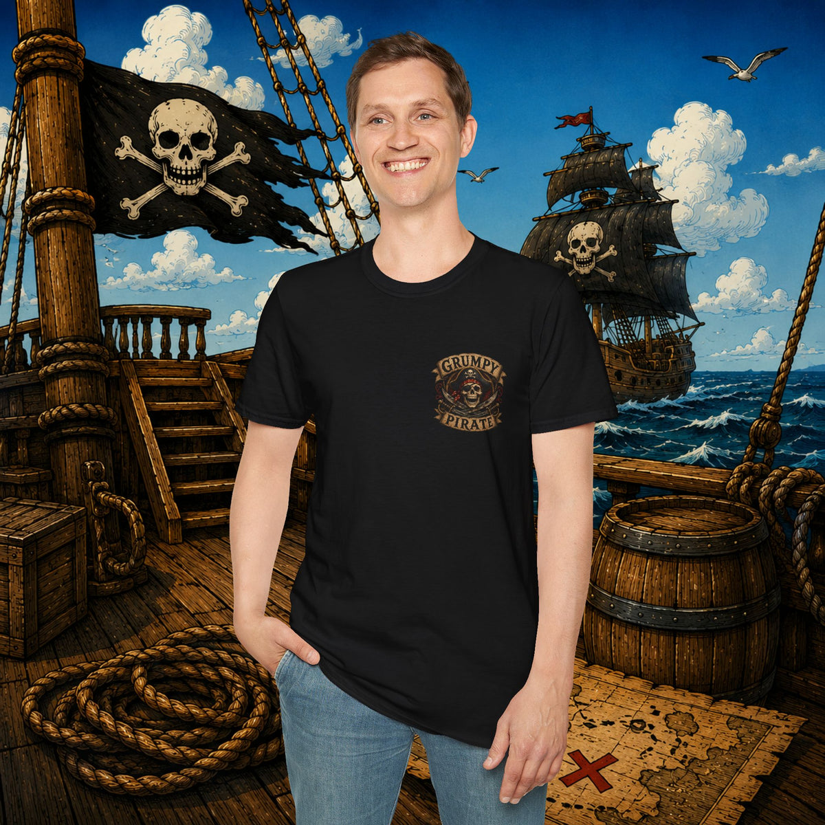 Captain of the S.S. Get Off My Deck Pirate Skeleton Shirt – Funny Grumpy Pirate Graphic Tee