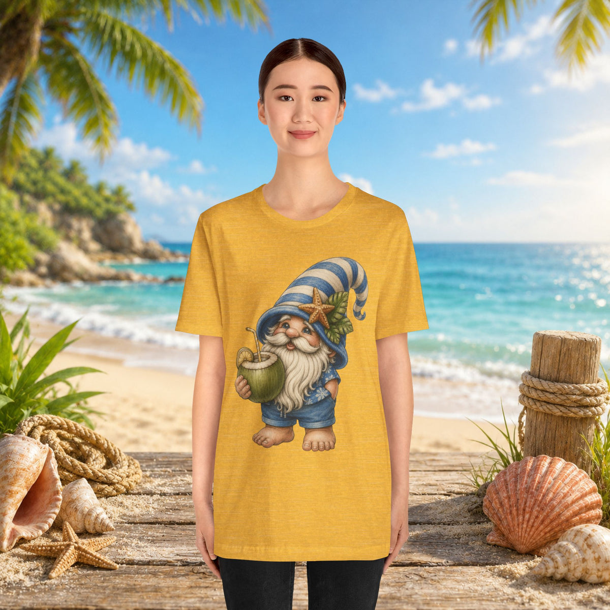 Beach Gnome Drinking Coconut | Coastal Summer Gnome Illustration