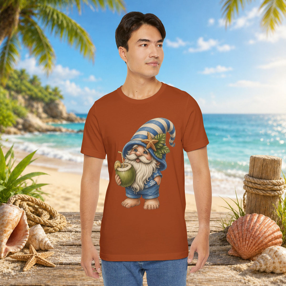 Beach Gnome Drinking Coconut | Coastal Summer Gnome Illustration