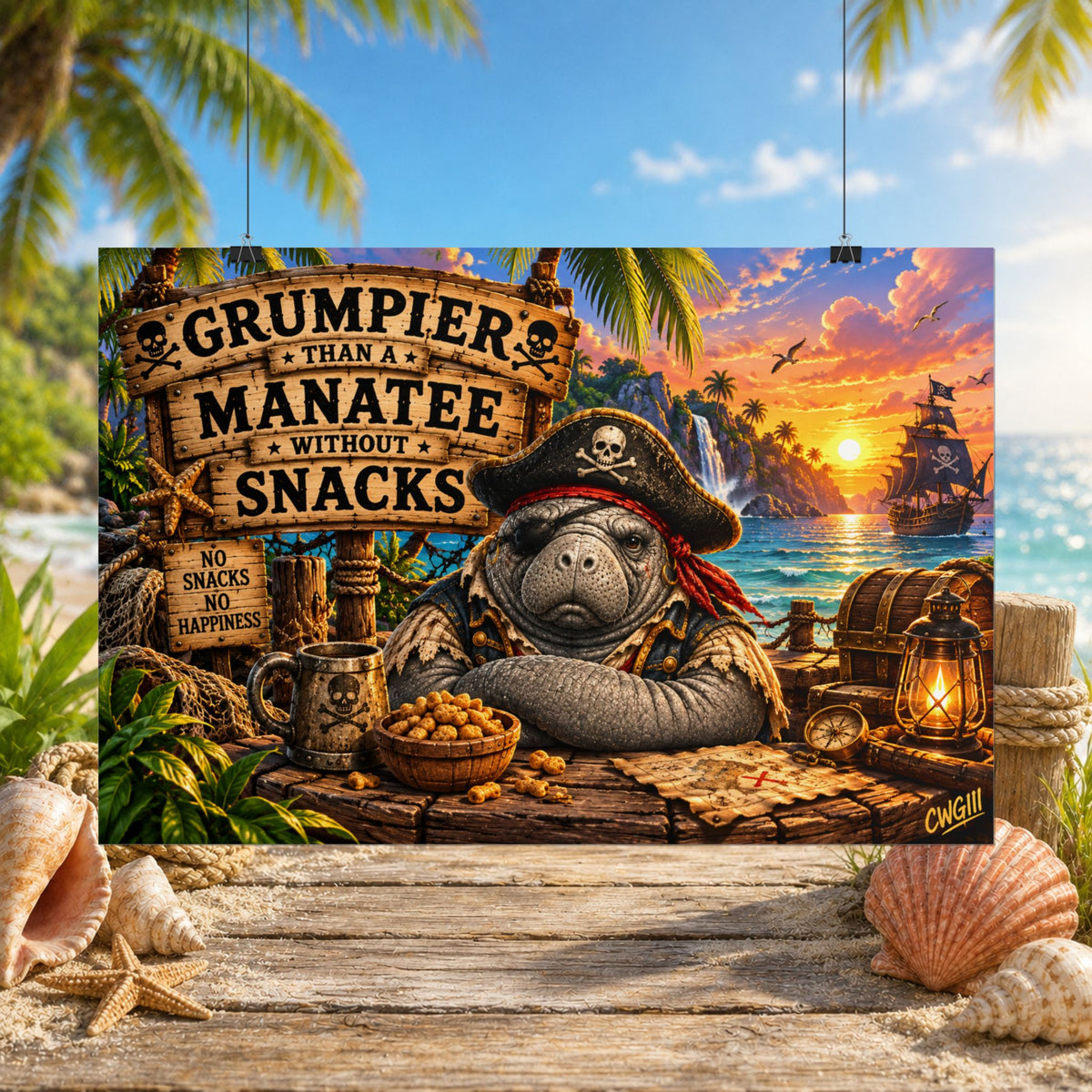 Grumpier Than a Manatee Without Snacks Pirate Manatee Rolled Poster