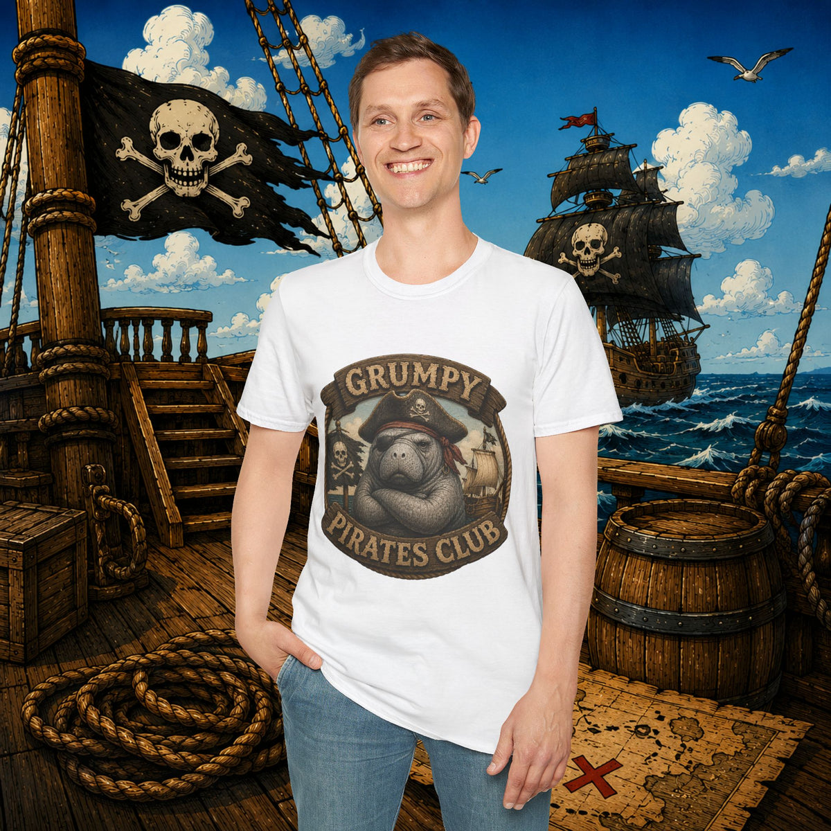 Grumpy Pirates Club Manatee T-Shirt | Funny Pirate Manatee Coastal Humor Tee