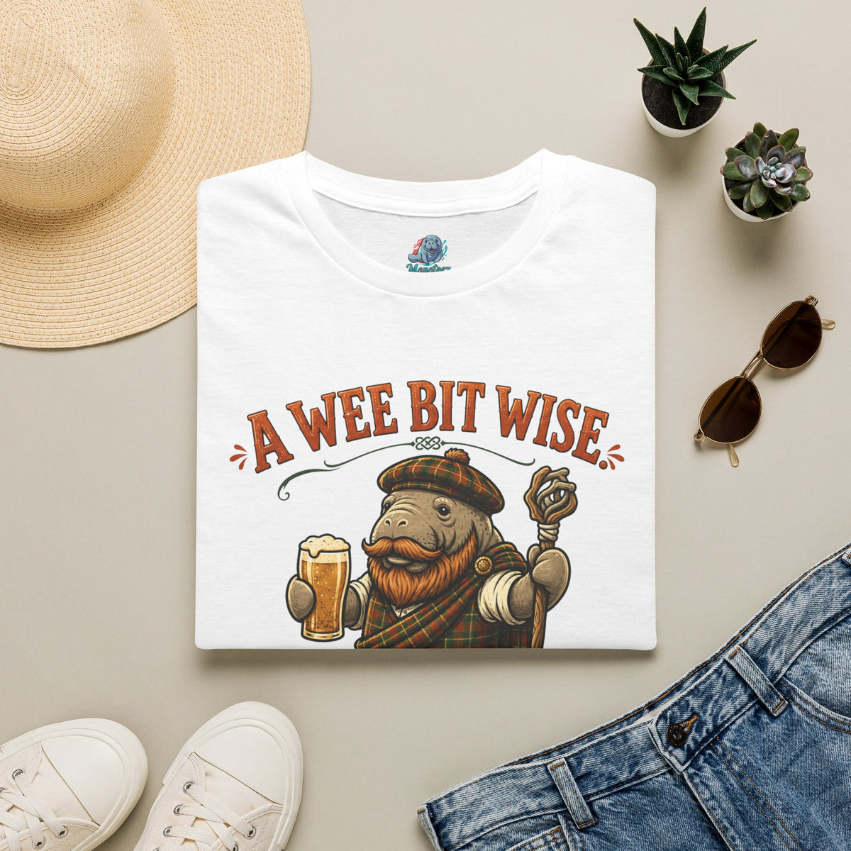 A Wee Bit Wise A Whole Lot Opinionated Shirt | Funny Scottish Manatee Tee | Highland Humor Graphic T-Shirt