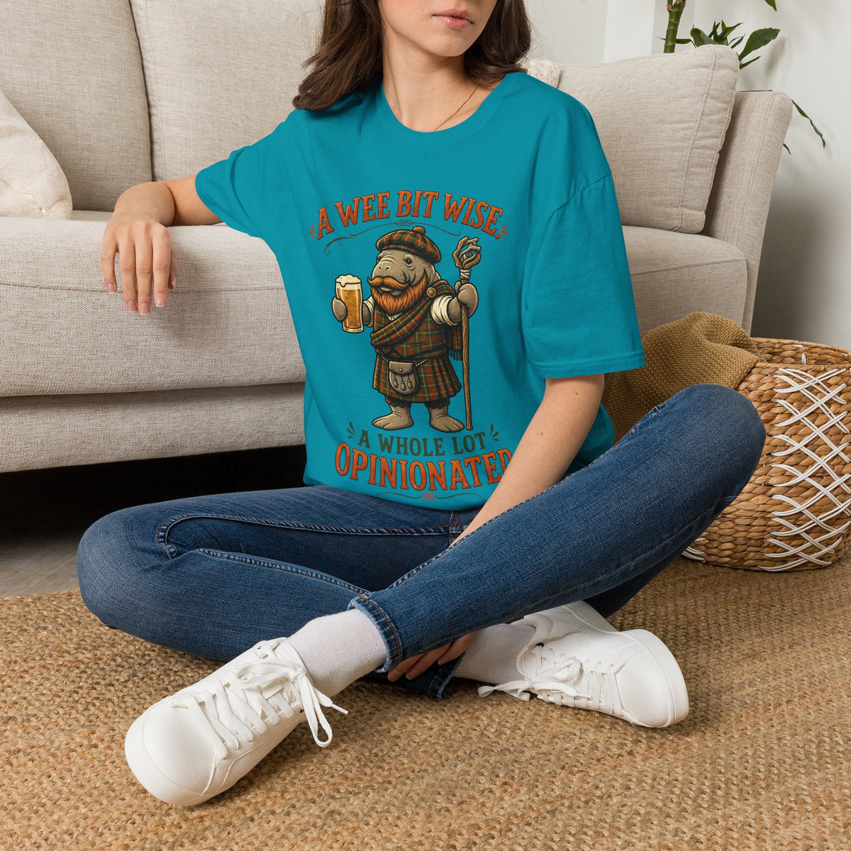 A Wee Bit Wise A Whole Lot Opinionated Shirt | Funny Scottish Manatee Tee | Highland Humor Graphic T-Shirt