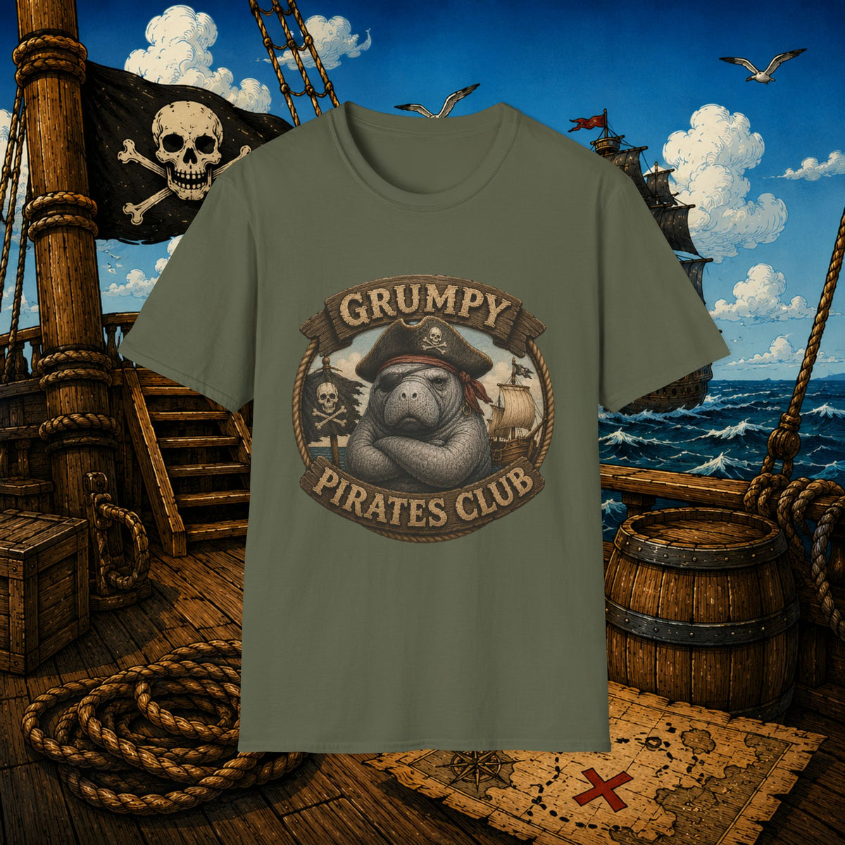 Grumpy Pirates Club Manatee T-Shirt | Funny Pirate Manatee Coastal Humor Tee