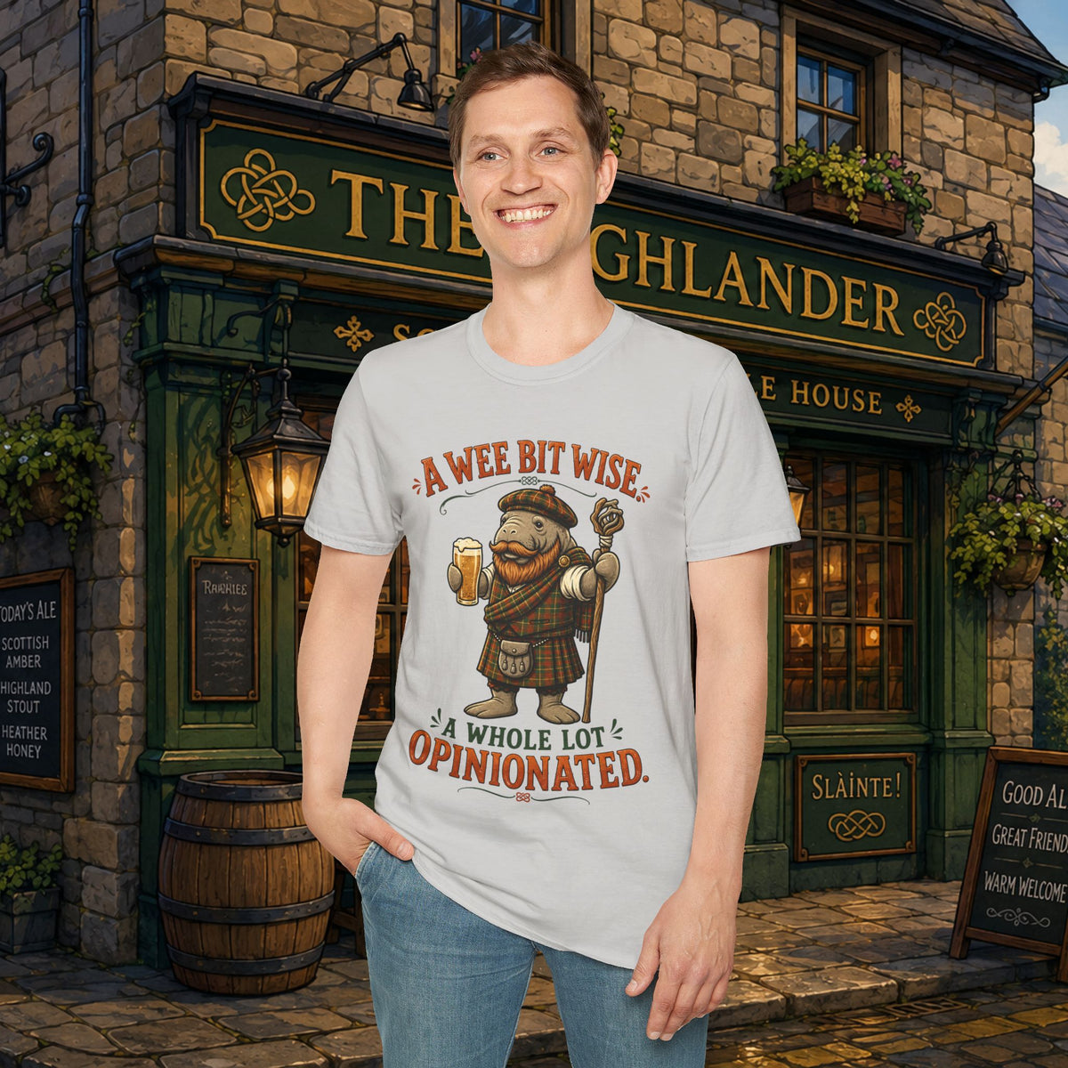 A Wee Bit Wise A Whole Lot Opinionated Shirt | Funny Scottish Manatee Tee | Highland Humor Graphic T-Shirt
