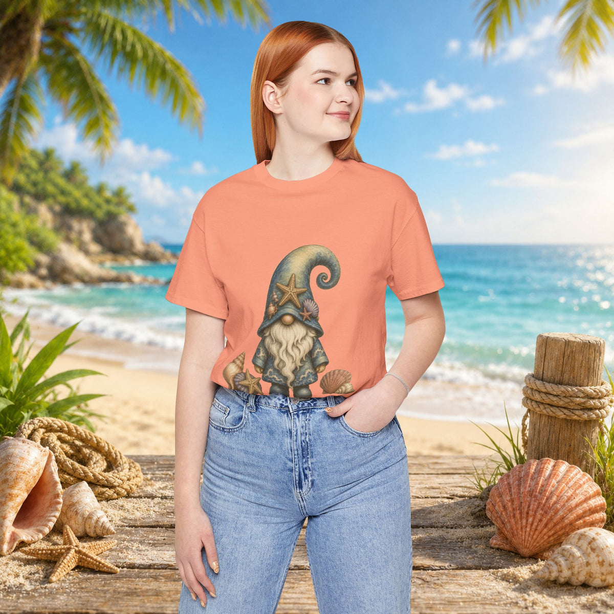 Beach Gnome with Seashells and Starfish | Coastal Nautical Fantasy Art