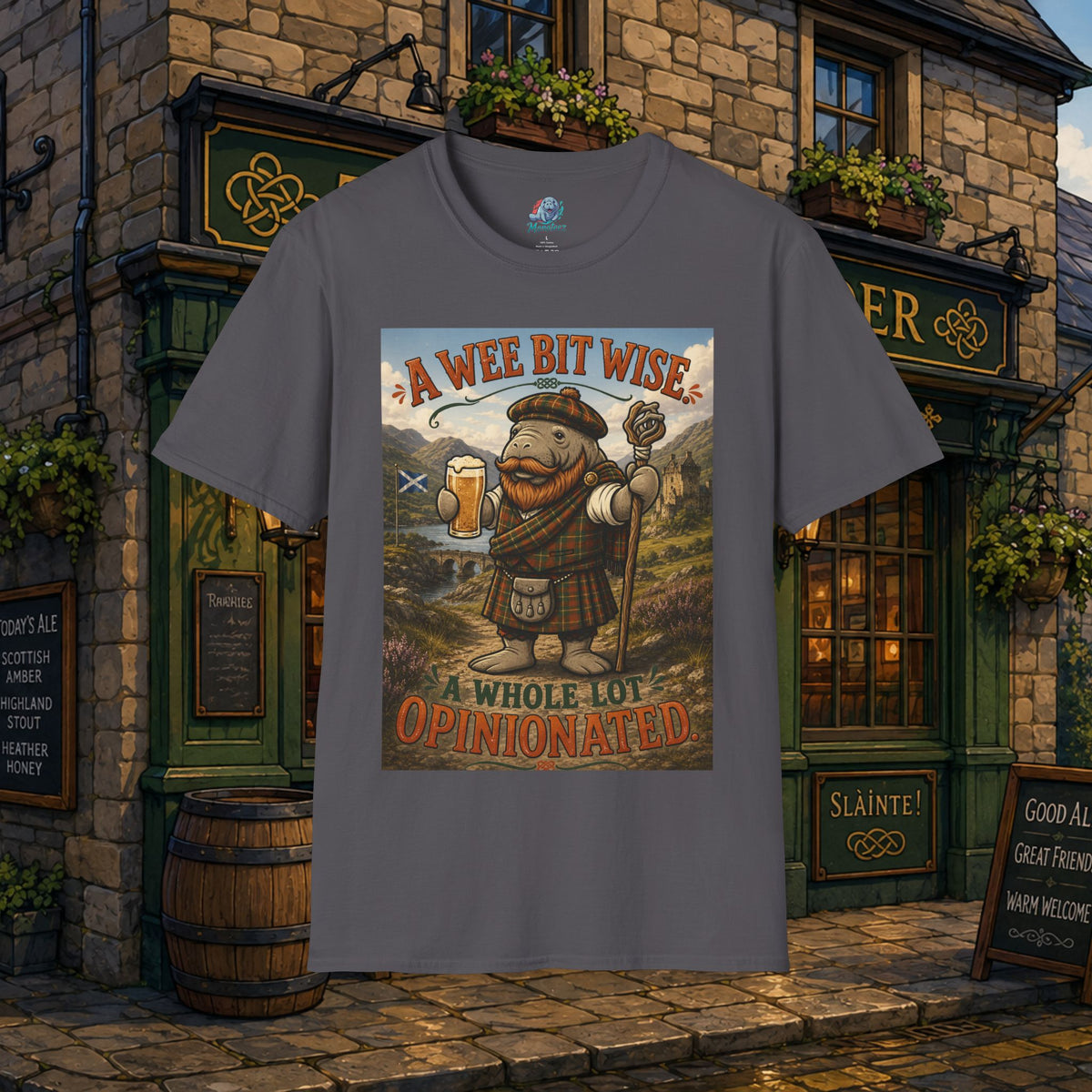 A Wee Bit Wise A Whole Lot Opinionated Shirt | Funny Scottish Manatee Tee | Highland Humor Graphic T-Shirt