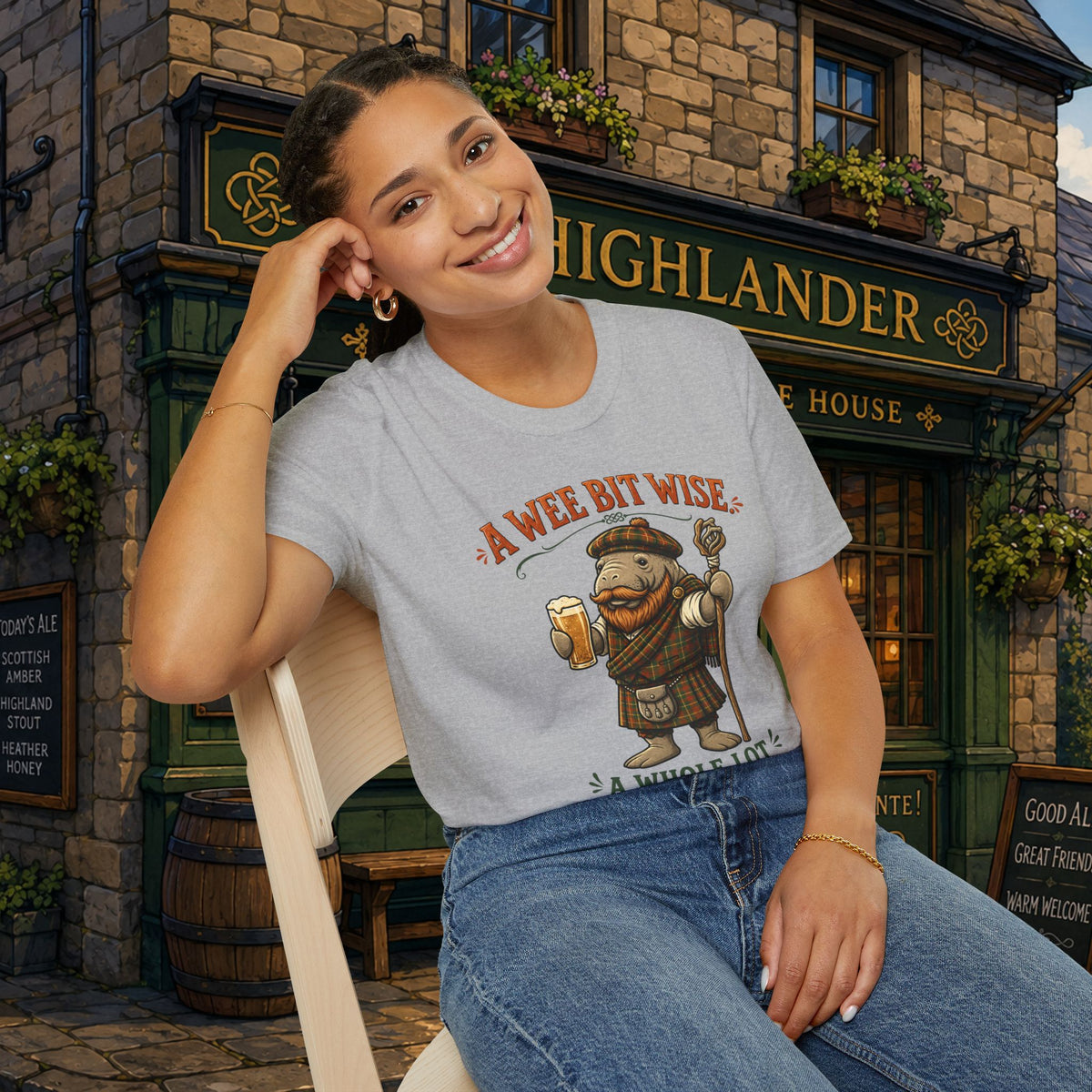 A Wee Bit Wise A Whole Lot Opinionated Shirt | Funny Scottish Manatee Tee | Highland Humor Graphic T-Shirt